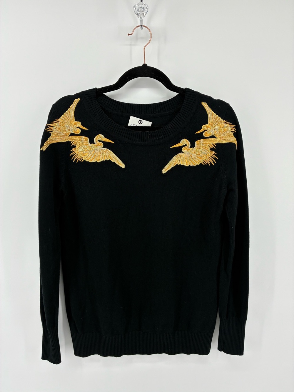 Altuzarra Black Sweater with Gold Bird Crane Embroidery